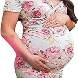 Women Off Shoulder Floral Print V-Neck Short Sleeve Maxi Dress Photography Props Maternity Long Dress (M, Floral)-image-26