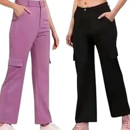 Combo Pack of 2 Women’s Solid 4 Pocket Pant Flared Pants for Girls Trousers-picture-10