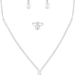 zaveri pearls Silver Tone Cubic Zirconia Designer Brass Party Lariat Contemparory Necklace Earring & Ring Set For Women-ZPFK16718-picture-32