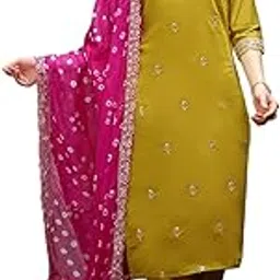 ishin Yellow Floral Embroidered Thread Work Straight Kurta With Trousers & With Dupatta | Kurta set for women | Kurta with trousers and dupatta-picture-12