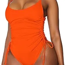 viottiset Women's Ruched Drawstring One Piece Swimsuit Sexy Backless Bathing Suit Orange X-Large-picture-35