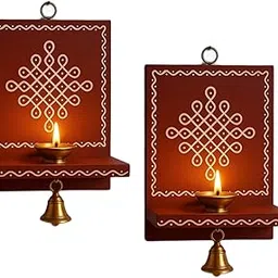 Wood Handmade Mada Vilakku 2 Piece | Diya Wall Mounted Stand | Wall Mount Stand | Vilakku Madam | Traditional Wall Hanging Stand. [Home Madam] (Maroon Colour)-image-47