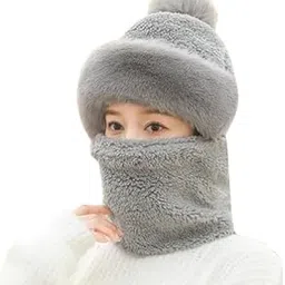 FabNext - Unisex Fur Fleece Winter Beanie Monkey Cap Hood with Drawstring Multi Use Woolen Balaclava Neck Warmer Scarf Casual Cap Hat | Freesize-picture-29
