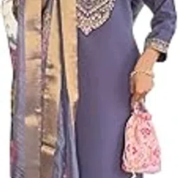 panchtatva fabric Women's Chanderi Silk Embroidered Elegant Round Neck 3/4 Sleeve Straight Kurta Set with Dupatta |Stylish Ethnic Suit-Purple_M-picture-26