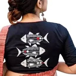 Stylish Black Cotton Saree Blouse with Fish Embroidery, Red Piping, Hook Closure Festive Blouse for Women | Sizes 32-42 | Perfect for Saree-picture-36