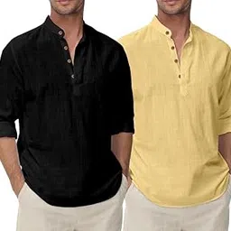 clothing veda Men's Kurta Shirt Combo Set Cotton Blend Solid Short Kurta for Men with Mandarin Neck & Full Sleeves Stylish Daily (Pack of 2)-picture-10
