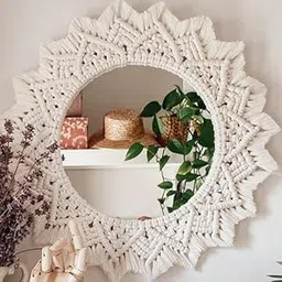 Saaz Cotton Handmade Macrame Thread Decorative Gifts Round Wall Mirror Hanging Decors for Livingroom, Bathroom, Bedroom in Bohemian Style White Color Design-image-72