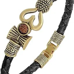 mahakaal jewels One Sided Trishul Damru OM Rudraksha Beads Bahubali Gold Plated Mahakal Shiva Genuine Leather Black Dyed Rope Wrist Band/Belt Bahubali Kada Bracelet For Men and Women-picture-25