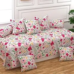 Castiqa Microfibre Unique Patterns Diwan Set Covers 8 Pcs Set of 1 Bedsheet 2 Bolsters and 5 Cushion Covers (White Flower)-image-74