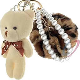 Fluffy Faux Fur Pearl Teddy Pom Pom Key Ring | Keychain Charm for Girls Bags, Wallets and Luggage - Brown Lprd_White-image-13