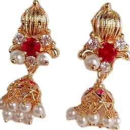 kurdekar's divuu red white stones and pearls fitted earring + small jumka 325-picture-32