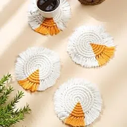 Macrame Round Coasters Bohemian Style, Handmade, Absorbent Than Wood, Steel, Stone Material, Big Size 6" (White-Orange, Set of 4)-image-68