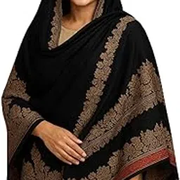 Luxury Black Wool Shawl with Gold Embroidered Border, Traditional Indian Wrap with Red Trim, Fringed Edges-picture-40