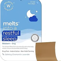 Wellbeing Nutrition Melts Restful Sleep Aid | Plant-Based Melatonin 5mg, Chamomile, Tagara, L-Theanine for Deep Sleep | Clinically Proven, Safe & Non-Addictive Sleep Aid, 30 Oral Strips-image-23