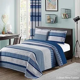 Blue and Gray Modern Plaid Bedspread and Pillow Sham Set | Matching Curtains Available! (King/Cal King Size)-picture-59