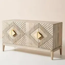 TGF Furniture Store Geometric Pattern Wooden Sideboard – 2-Door Storage Cabinet with Gold Handles, White Washed Finish Accent Buffet for Living Room, Dining Room & Entryway-image-12