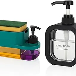 Kitchen Soap Dispenser Set with Sponge Holder, 2-in-1 Dish Soap Dispenser and Hand Soap Pump, Black and Teal, Dispenser Combo, Kitchen Sink Dispenser-image-98