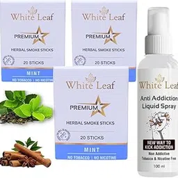 White Leaf Tobacco & Nicotine-Free Premium Herbal Cigarette Mint Flavour, Pack of 3(60 Sticks With 100ML Shot)-picture-21