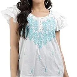 9 impression Women's Embroidered Regular Fit Cotton Top (White, Small)-picture-65