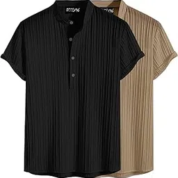 deelmo Combo of Men's Polyster Kurta with Mandarin Collar, Half Placket Buttons, Front Pocket | Half Sleeves | Soft & Breathable Fabric | Pack of 2-picture-58