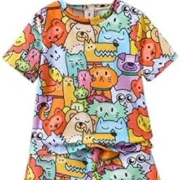Kids Cartoon Animal Print T-Shirt and Shorts Set, Colourful Summer Outfit, Multi-Colour-picture-53