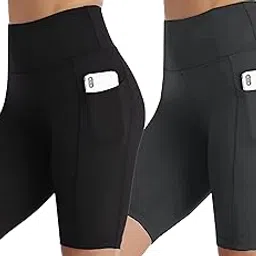 POOJARAN SAREE High-Waisted Workout Shorts for Women, Cycling Shorts, Yoga Side Pockets, Black and Navy, Pack of 2-picture-10