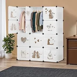 ABOUT SPACE Collapsible Wardrobe - DIY 12 Cube Plastic Almirah for Clothes with Printed Doors, 2 Clothes Hanger, Door Magnet & Hamer- Foldable Wardrobe for Storage for Home | Storage Organizer - White image 1