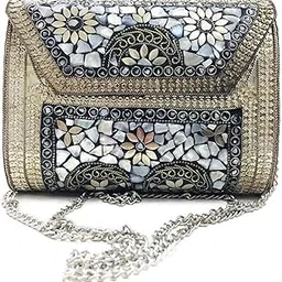 trend overseas Antique Indian art Handmade Stone mosaic metal bag Women/Girls Bridal metal clutch party sling bag-picture-59