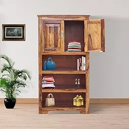 Rajasthali Furniture Woodcrony Solid Sheesham Wood Grazia Open Wardrobe/Bookcase/Almirah for Living Room/Study Room/Bedroom, Natural Honey Oak Finish-picture-17
