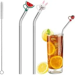 Mclear Stainless Steel Bend Straw, Silicone Straw Cap with Straw Cleaning Brush Reusable Cute Straw Plugs Anti-dust Portable, Cute Cartoon Patterns Cover (2 Bend Straw, 2cap, 1brush) Pack of 1-picture-20
