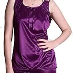 nightdoll Soft & Smooth Satin Solid Nightwear Night Suit/Night Shirt Sleeveless Top & Shorts Set for Women (M, Purple)-picture-41