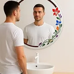 Premium Colour Design Round Mirror | Decorative Wall Mirror with Floral Design |-image-3