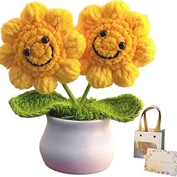 Sunflower Crochet, Crochet Flowers Bouquet, Double Headed Sunflower with Smiles and White Pot Emotional Support Gift Sunflower Gifts for Mothers Teachers Friends-image-28