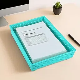 Kuber Industries Plastic Trays for Storage | A4 Paper Holder for Office Files, Documents, Letters, Papers and Folders | Desk Organizer Tray | Rectangular - Sky Blue-image-88