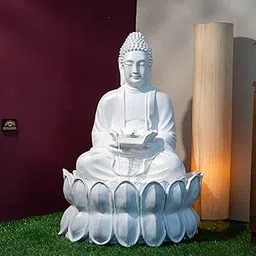 EXPLEASIA Double Lotus Buddha Fountain, Water Fountain for Garden, Water Fountain for Home vastu with Warranty on Electrical Parts, Buddha Fountain, Buddha Idol (65LX65BX90H) cm (White) image 1