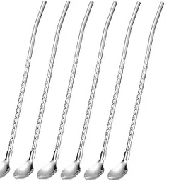 6 Pcs Reusable Stainless Steel 2-in-1 Straw Cum Spoons | Long Metal Straw Spoons for Ice Tea, Milkshake, Drinks, Cocktails, Eco-Friendly, Food Grade (Silver, 6 Straws and 1 Cleaning Brush)-picture-57