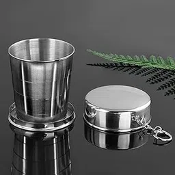 CLICKSWIFT Leak Proof Stainless Steel Foldable 75 Ml Glass with Key Chain for Camping Hiking Drinking Travel Collapsible Cup Expandable Shot Glass Foldable Picnic Glass Silver Color 1 Pcs-picture-34
