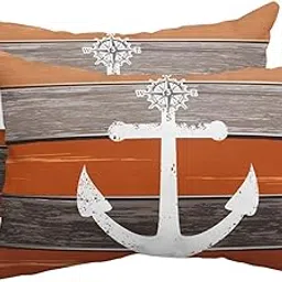2 Packs Throw Pillow Covers with Insert Farm Lumbar Pillow Waterproof Outdoor Chaise Longue Pillow Decorative Cushion 11"x16" Pillow Sham, Retro Rustic Old Farm Barn Ship Anchor Wooden Grain Orange-picture-20