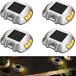 hardoll Metal Solar Road Stud Light For Home Garden Rechargeable 6 Led Lamp Waterproof Outdoor Lantern Step Pathway Lights For Security Driveway (Yellow Flashing, Pack Of 4) image 1