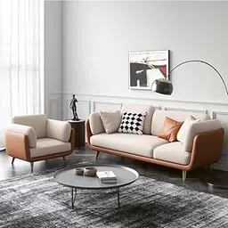 SNOW HANDICRAFTS -Modern Living Room Sofa Set with Pillows 3+1 Seater, Gold Metal Legs (Beige and Brown)-picture-16