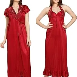 romaisa Women's Satin Solid Maxi Length Nighty with Robe (Size - Free Size) (Nightwear Set Pack of 2)-picture-14