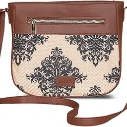 zouk Women's Handcrafted Cream Mughal Motif Printed U Shaped Sling Bag-picture-20