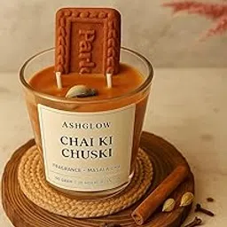 ASHGLOW Masala Chai Scented Soy Wax Jar Candle with Embedded Parle-G Biscuit | Nostalgic Aroma | Handmade | Gift-Ready | 30 Hr Burn Time-picture-13