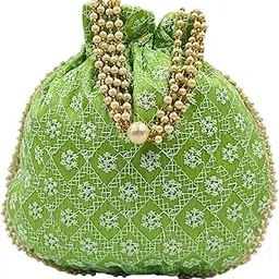 Embroidered Potli Bag for Women | Designer Silk Potli with Beaded Handle & Tassels | 8"x0.7"x8.5", Strap Drop 4.5 | Wedding, Bridal & Festive Pouch |HW0021-image-3
