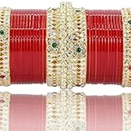 lavazza Premium Gold Plated Red Bridal Chuda Set For Women & Girls with American Diamond & Kundan Stone Bangles | Chuda Set Red For Wedding, Party, Shadi, Ocassion Jewellery- Set of 58-picture-17