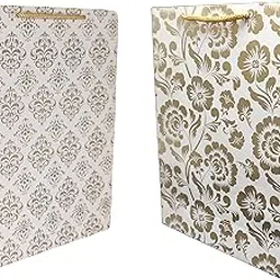 Gold Flower and Gold Mandaram Printed Assorted Design Paper Carry Bags | Gift Bags for Return gifts, Birthday and presents (28 * 20 * 7.5 CM) (Pack of 10)-picture-64