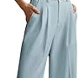 kotty Women's High Waist Solid Color Hook and Bar Wide Leg Trousers Loose Comfort Trouser with Pockets-picture-15