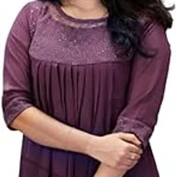 wealthy women Women's Embroidered Georgette Flared Kurti with Net Sleeves and Crepe Lining for Festive-picture-39