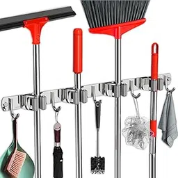 Mop and Broom Holder Wall Mount, Upgraded Broom Hanger Wall Mount, Stainless Steel Broom Organizer for Closet Garage Laundry Room Kitchen Wall Decor(4Racks 5Hooks Silver)-picture-17