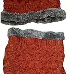 Winter Comfort,Knitted Woolen Beanie Cap with Faux Fur Trim, Neck Warmer Burgundy and Grey, Thermal Winter Wear for Men and Women-image-71